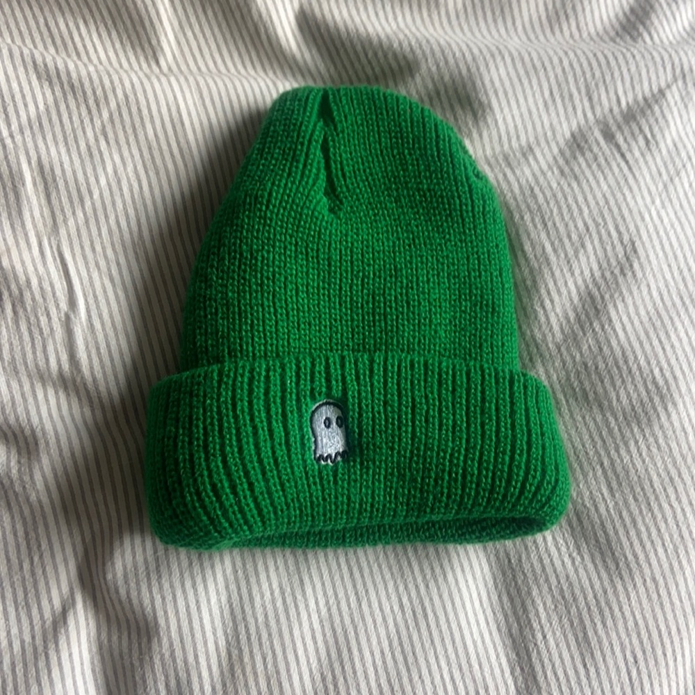 LONELY GHOST Bright Green Knit Beanie with Ghost Patch